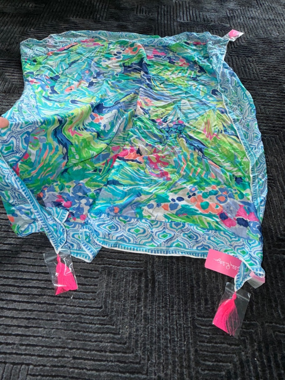 Lilly Pulitzer Blue, Green and Pink Tropical Print Scarf with Tassels ( large )